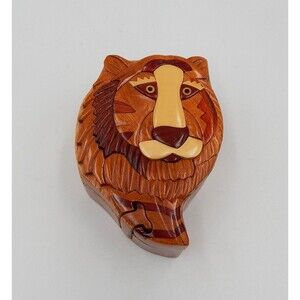 Tiger Carved Wood Puzzle Round Box Wooden Intarsia Keepsake Trinket Hidden